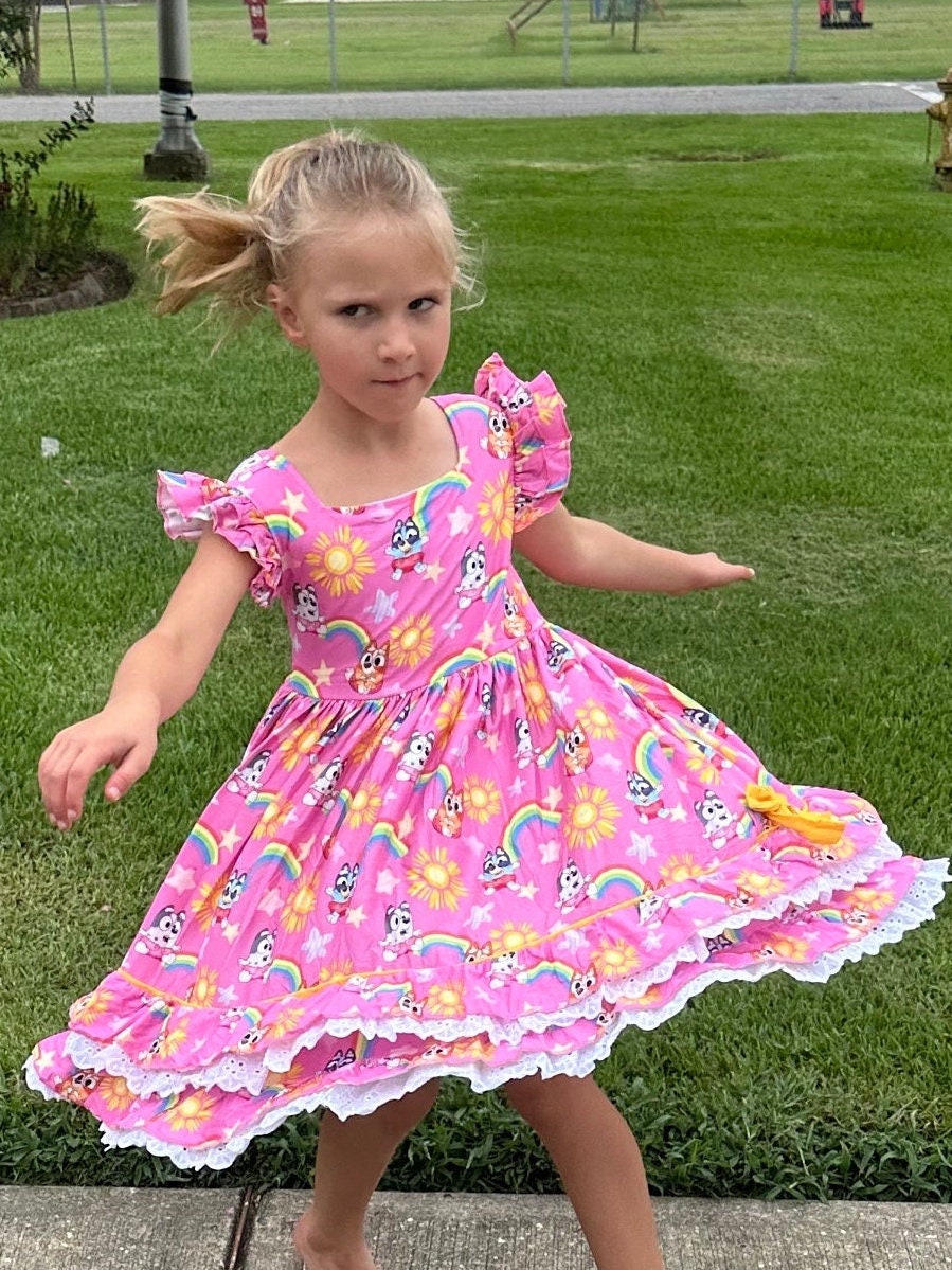 Ruffle and Lace Pink Blue Dog and Rainbows Twirl Dress
