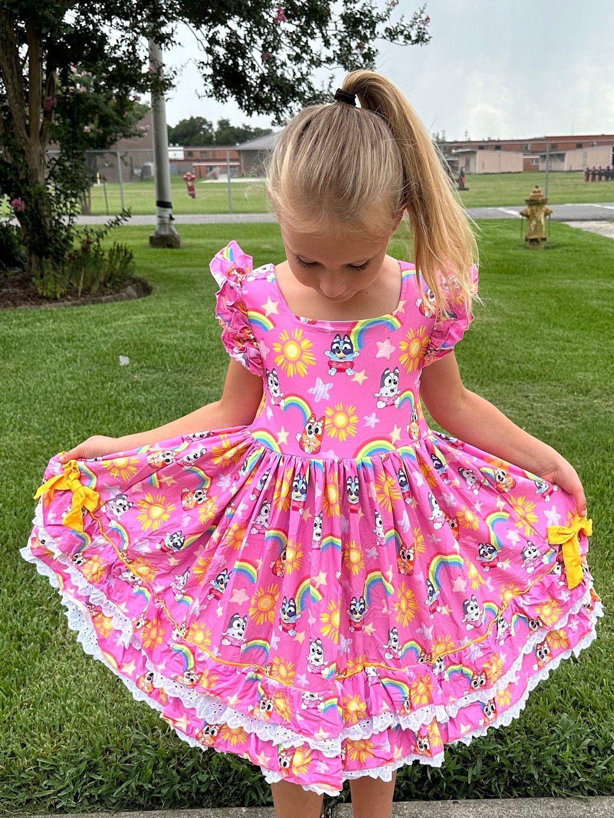 Ruffle and Lace Pink Blue Dog and Rainbows Twirl Dress