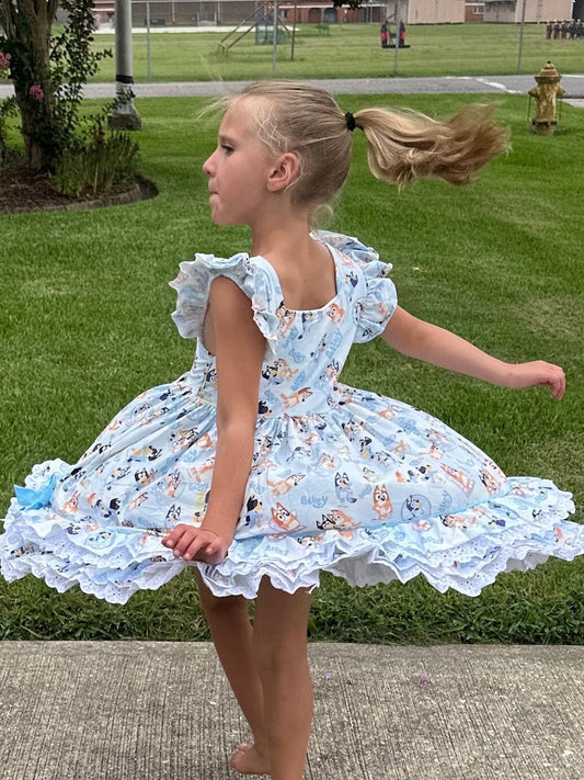 Lace and Ruffle Blue Dog Twirl Dress