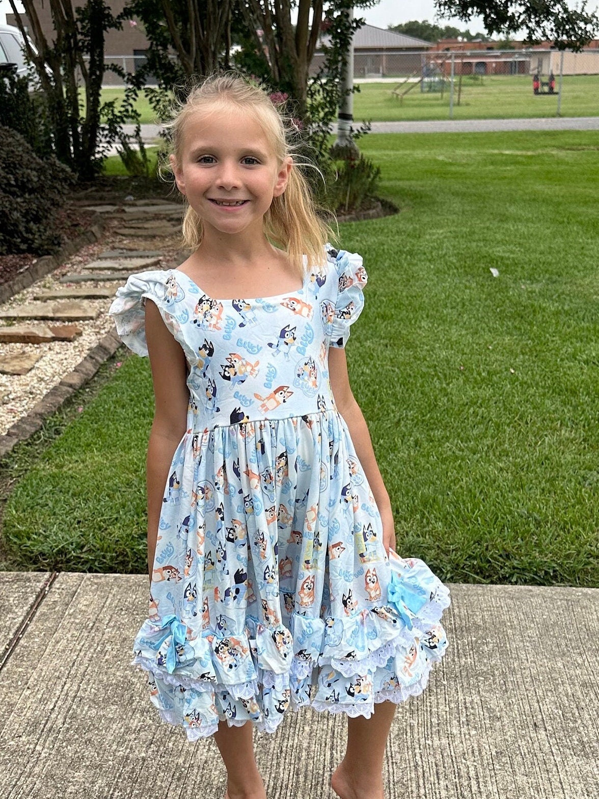 Lace and Ruffle Blue Dog Twirl Dress