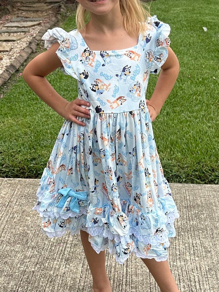 Lace and Ruffle Blue Dog Twirl Dress