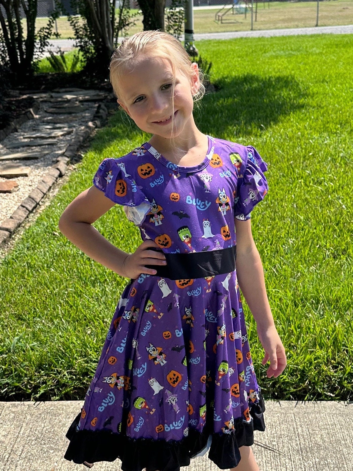 Blue dog Halloween Bow Back Twirl Dress