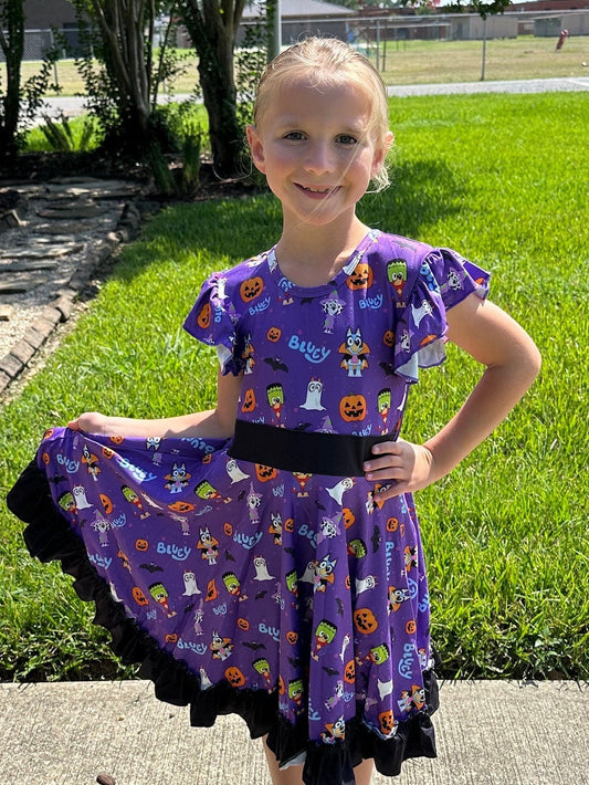 Blue dog Halloween Bow Back Twirl Dress