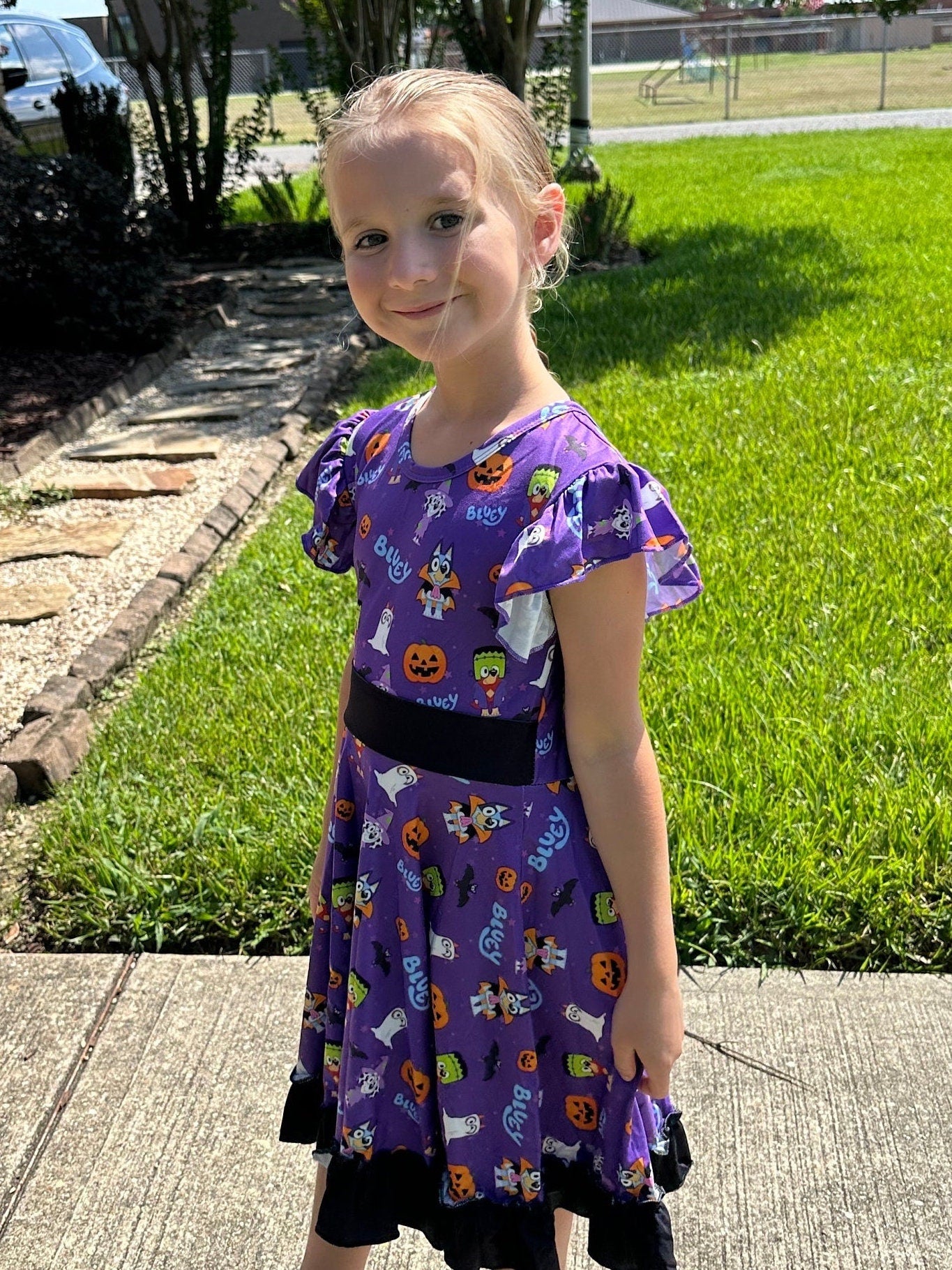 Blue dog Halloween Bow Back Twirl Dress