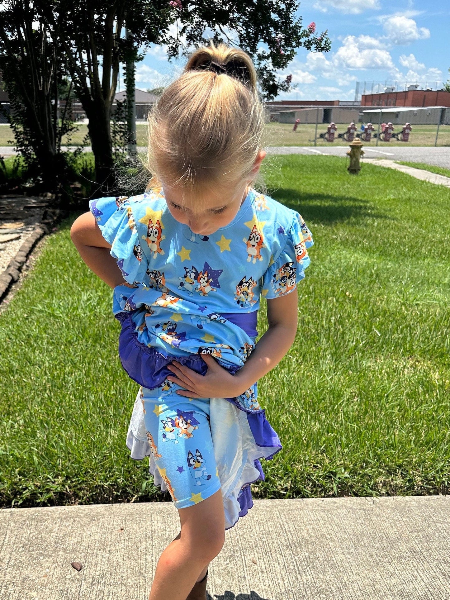 Blue dog and stars bow back twirl dress with shorts