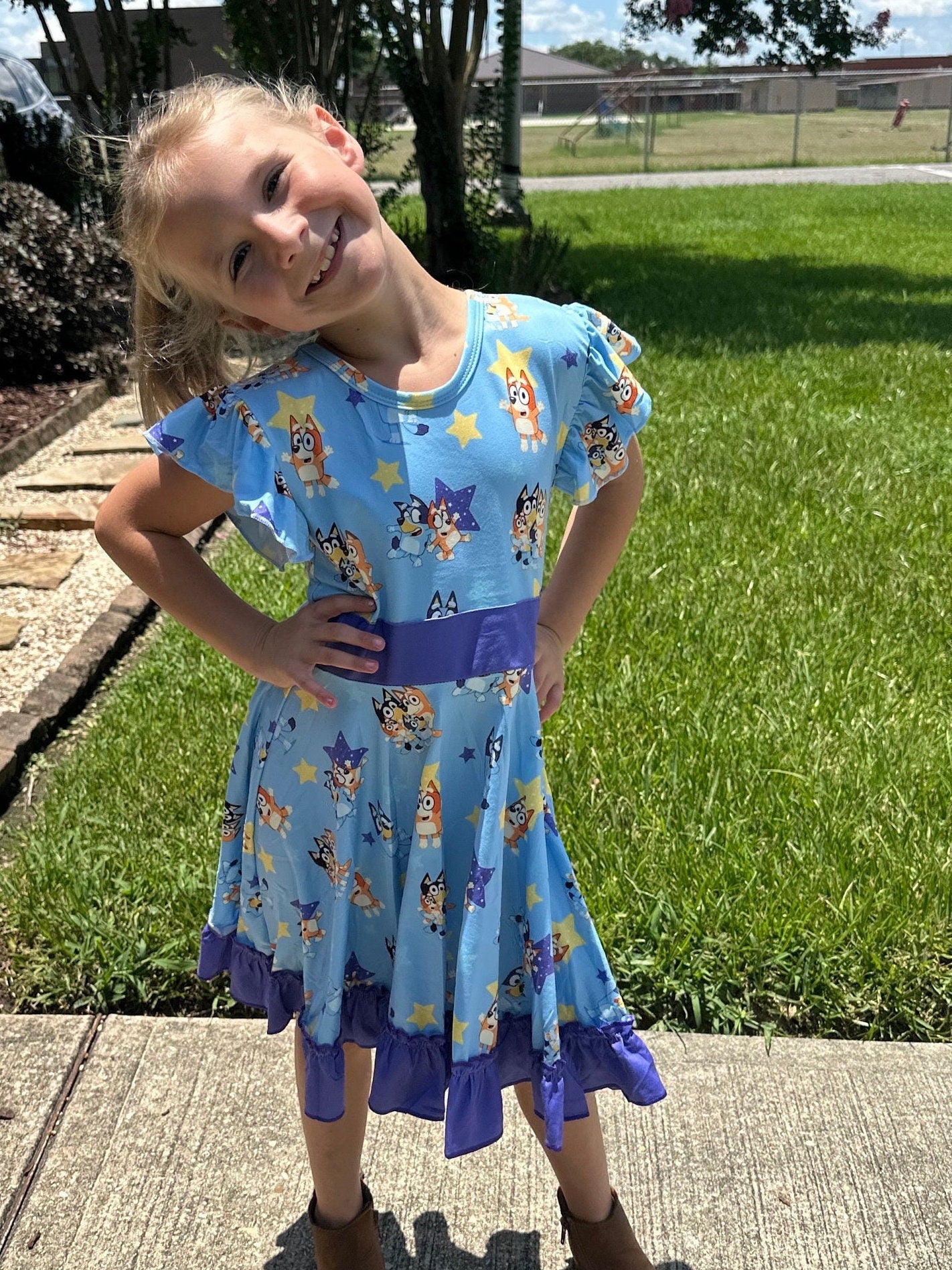 Blue dog and stars bow back twirl dress with shorts
