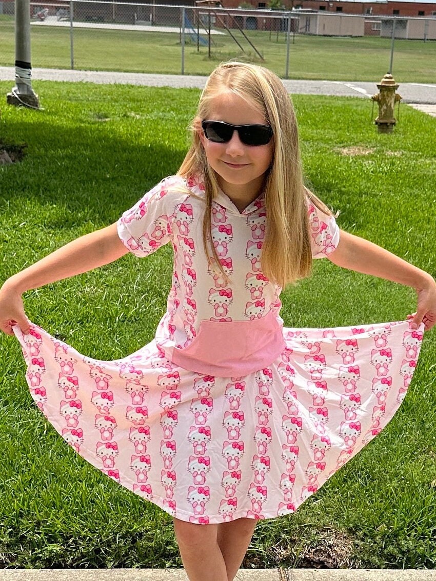 Pink Kawaii kitty Twirl Skort and hoodie set