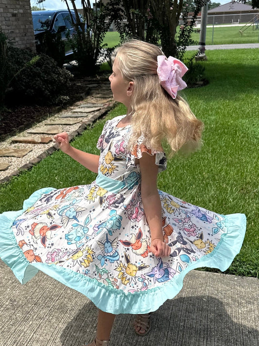 Teal Pocket Characters Twirl Dress