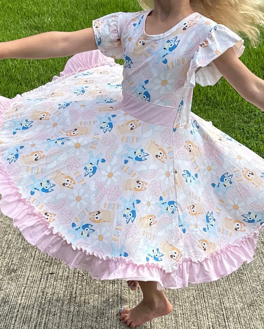 Blue Dog Rainbow Bow Back Twirl Dress