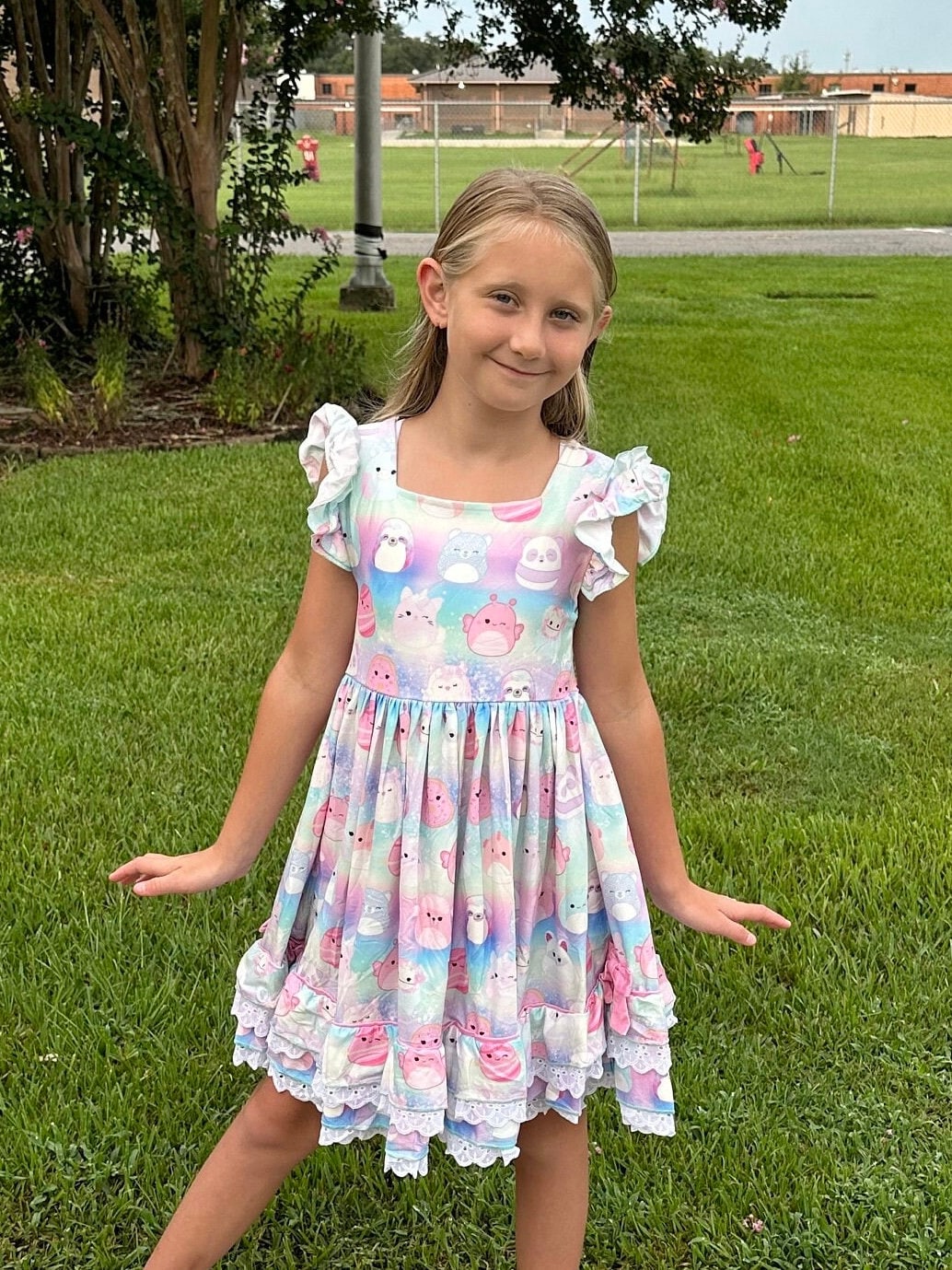 Pastel Squishmallow Lace and Ruffle Twirl Dress