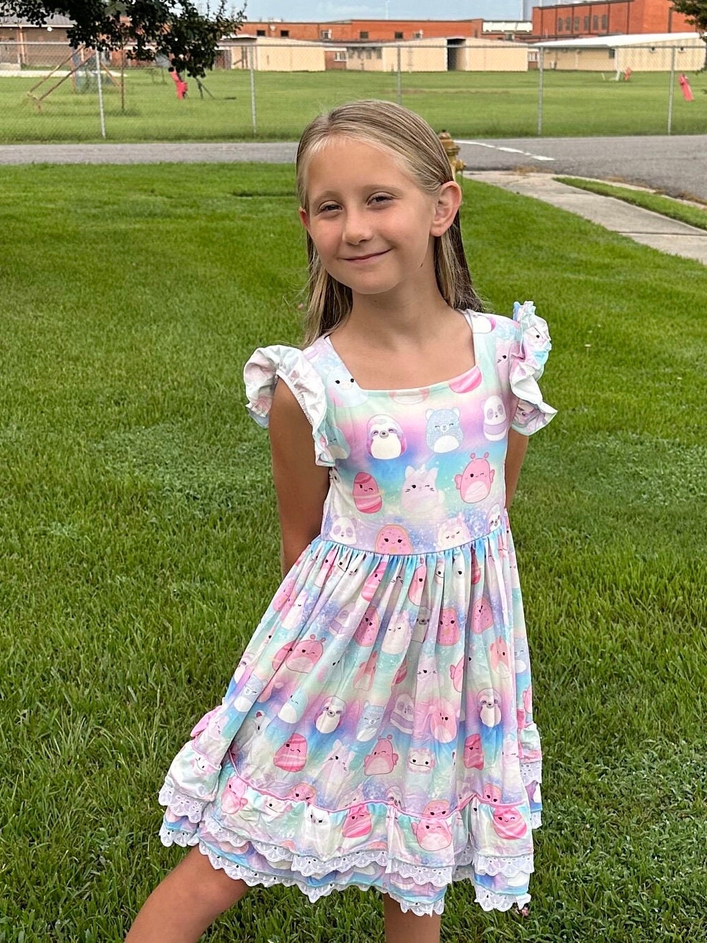 Pastel Squishmallow Lace and Ruffle Twirl Dress