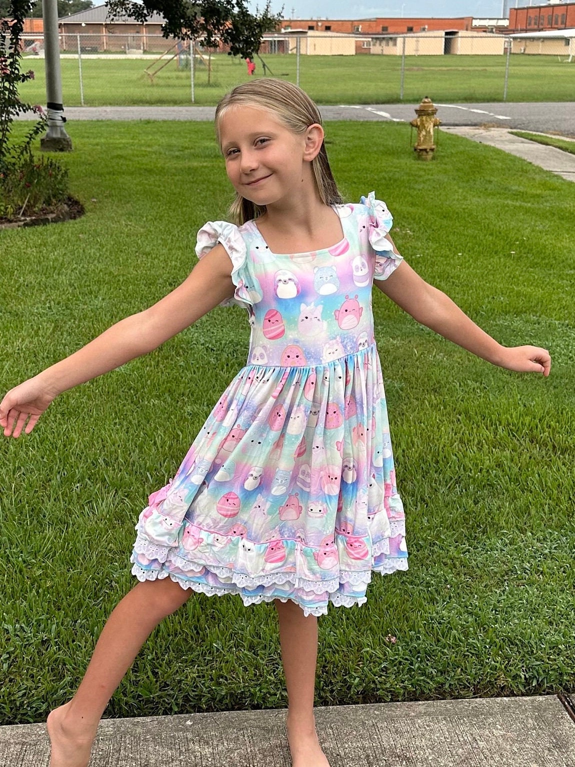 Pastel Squishmallow Lace and Ruffle Twirl Dress