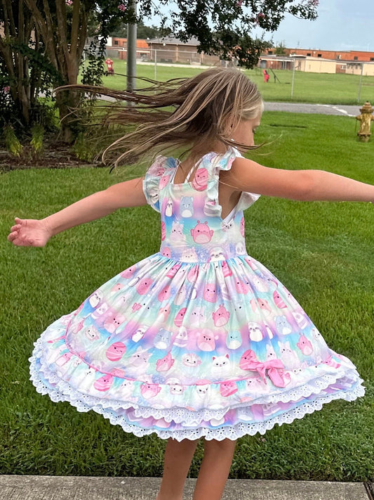 Pastel Squishmallow Lace and Ruffle Twirl Dress