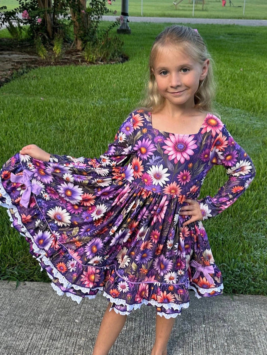 Purple Floral Lace and Ruffle Dress