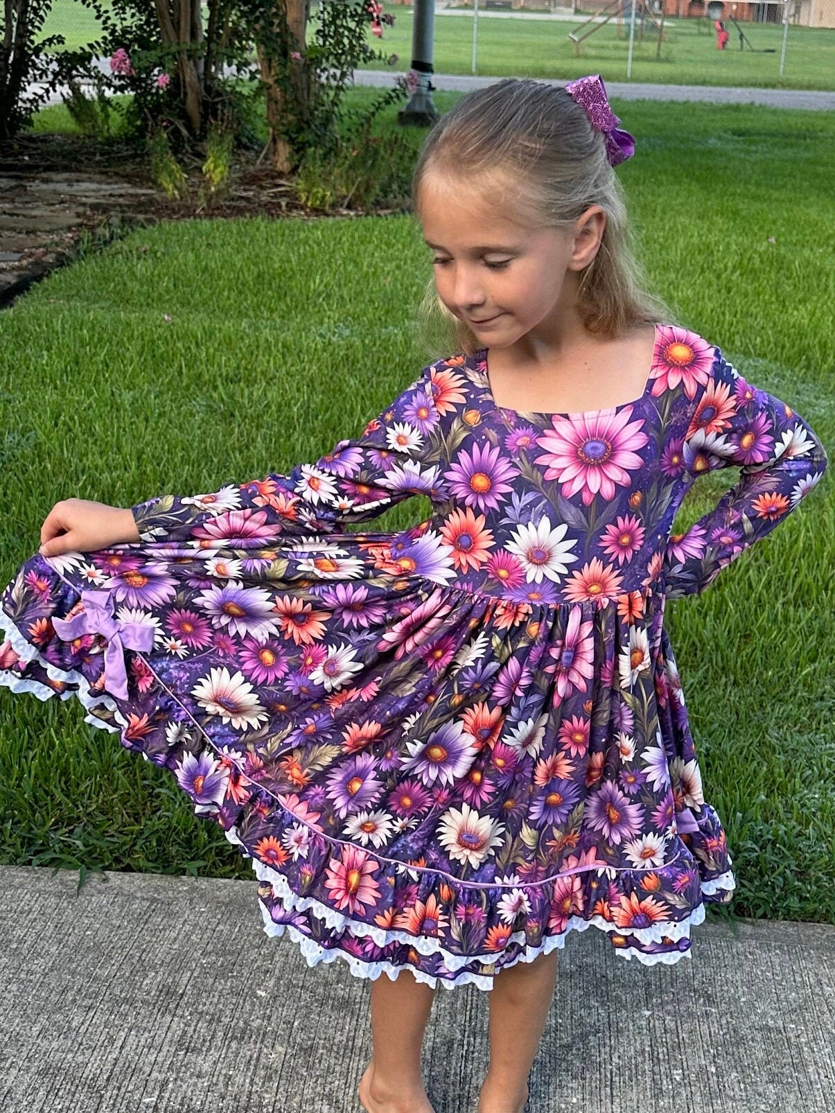 Purple Floral Lace and Ruffle Dress