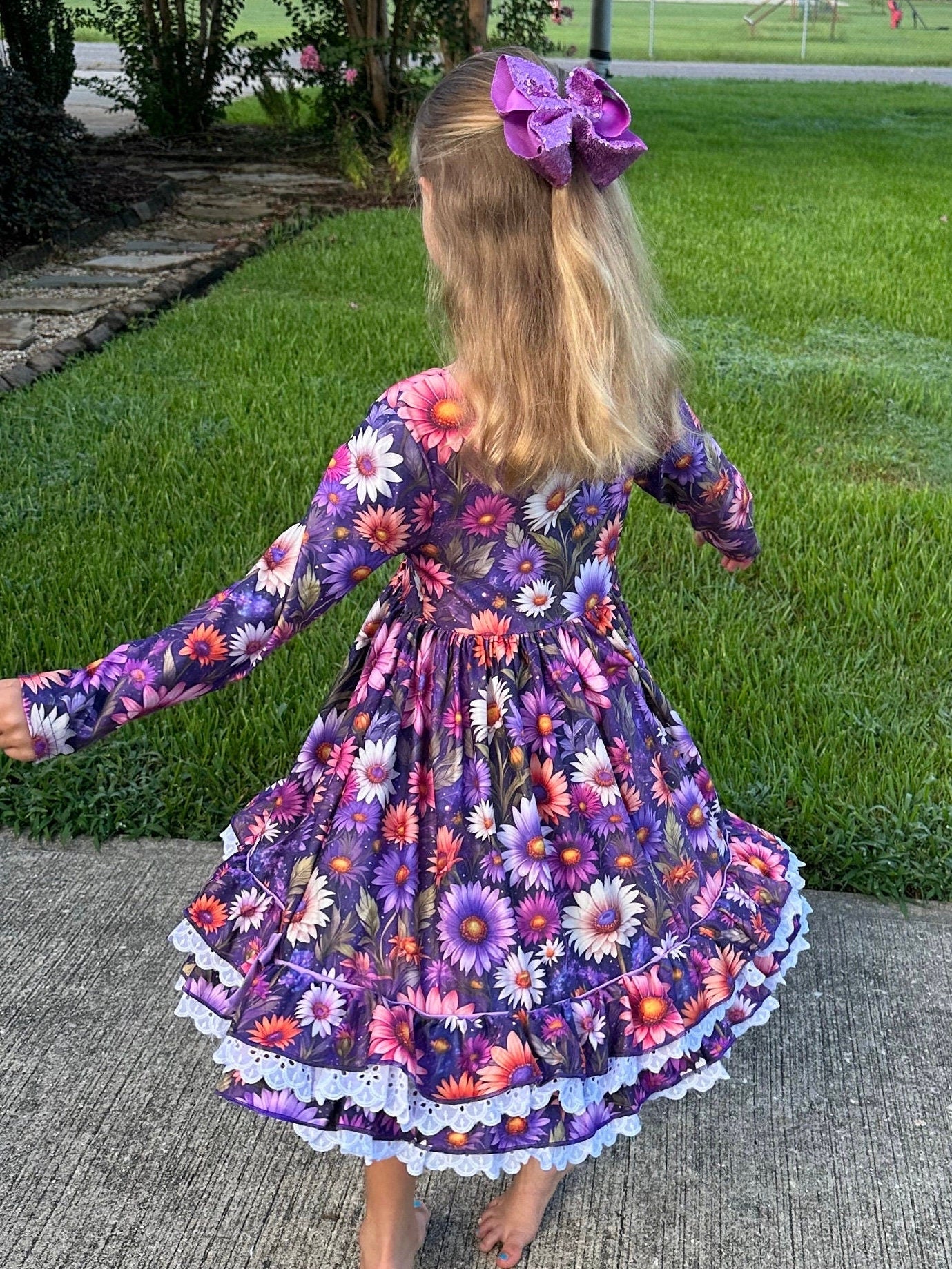 Purple Floral Lace and Ruffle Dress
