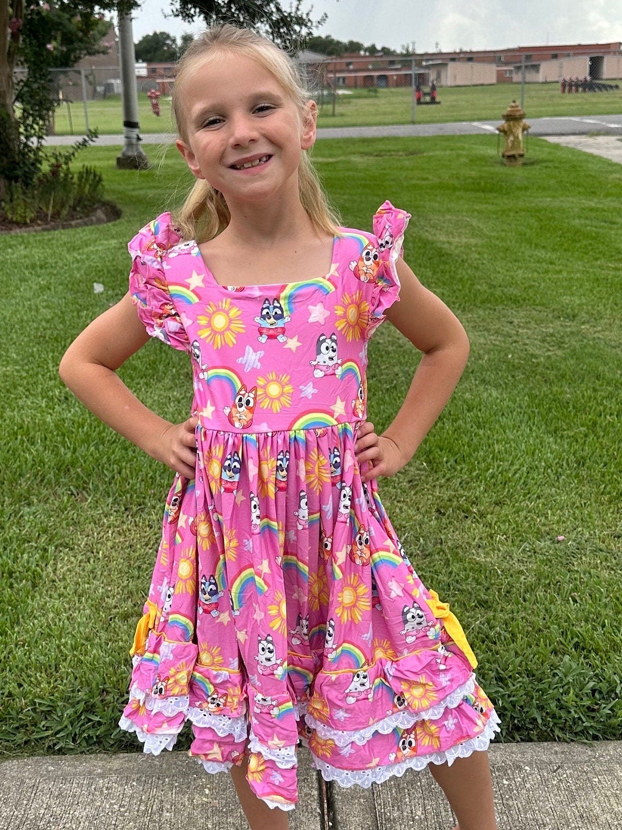 Ruffle and Lace Pink Blue Dog and Rainbows Twirl Dress