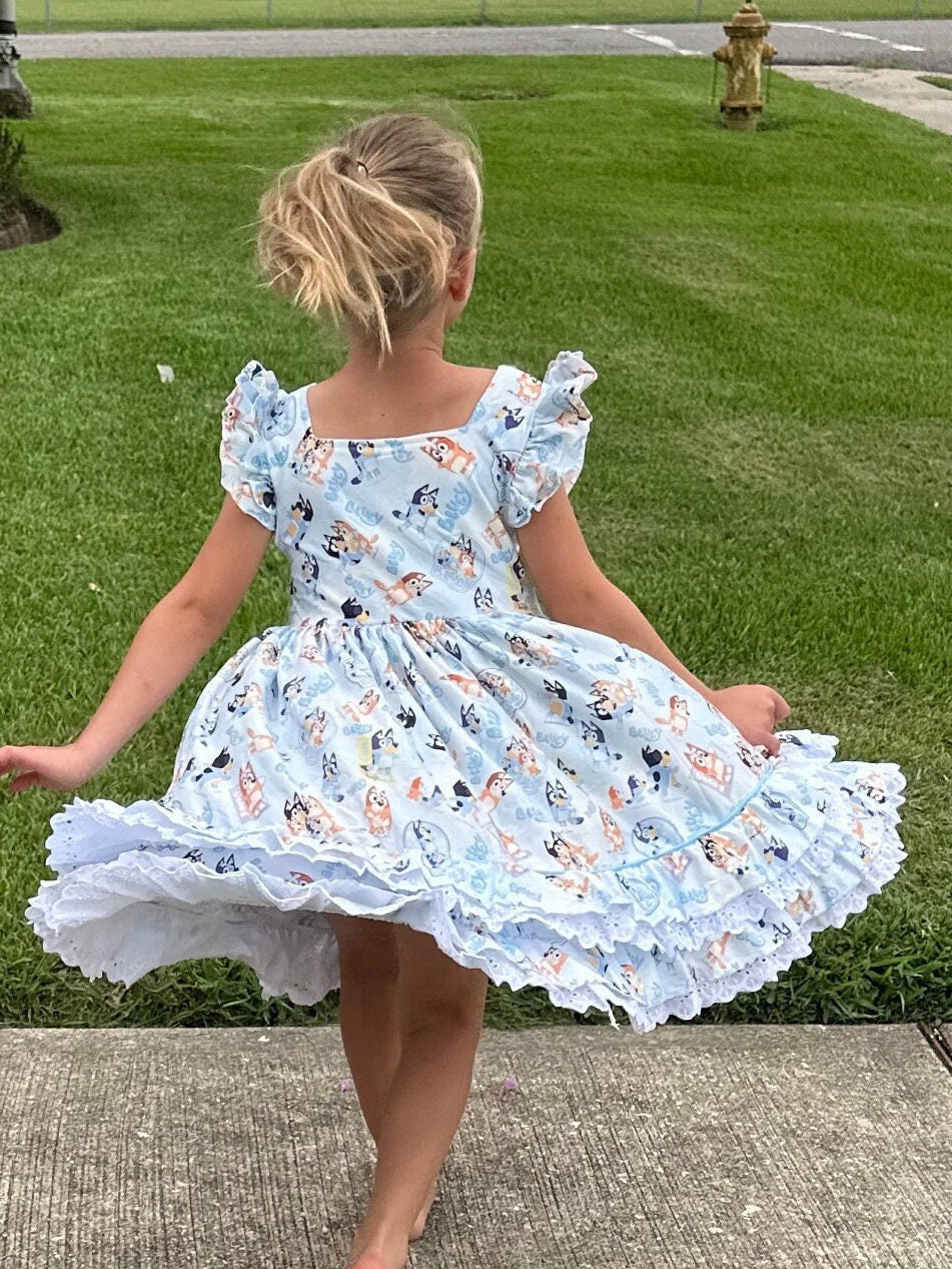 Lace and Ruffle Blue Dog Twirl Dress