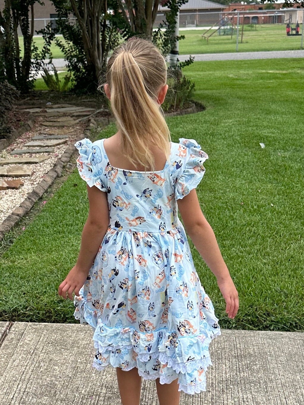 Lace and Ruffle Blue Dog Twirl Dress