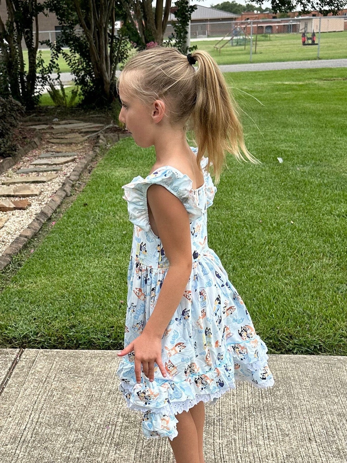 Lace and Ruffle Blue Dog Twirl Dress