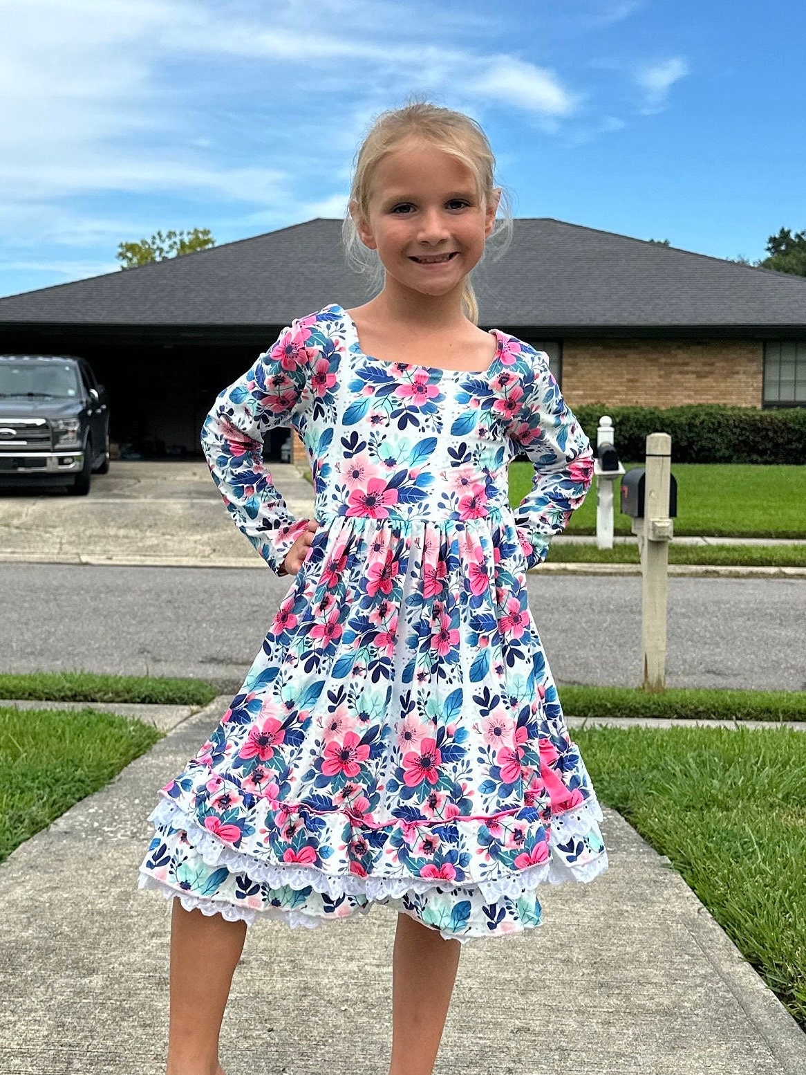 Teal Floral Lace and Ruffle Dress