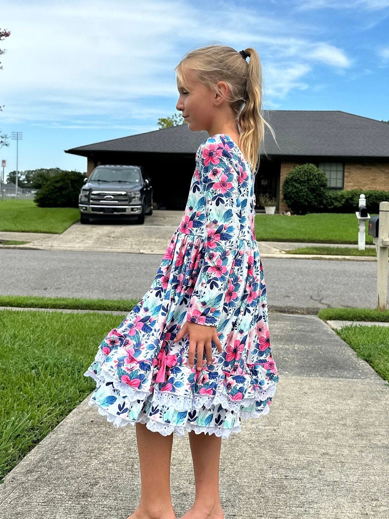 Teal Floral Lace and Ruffle Dress