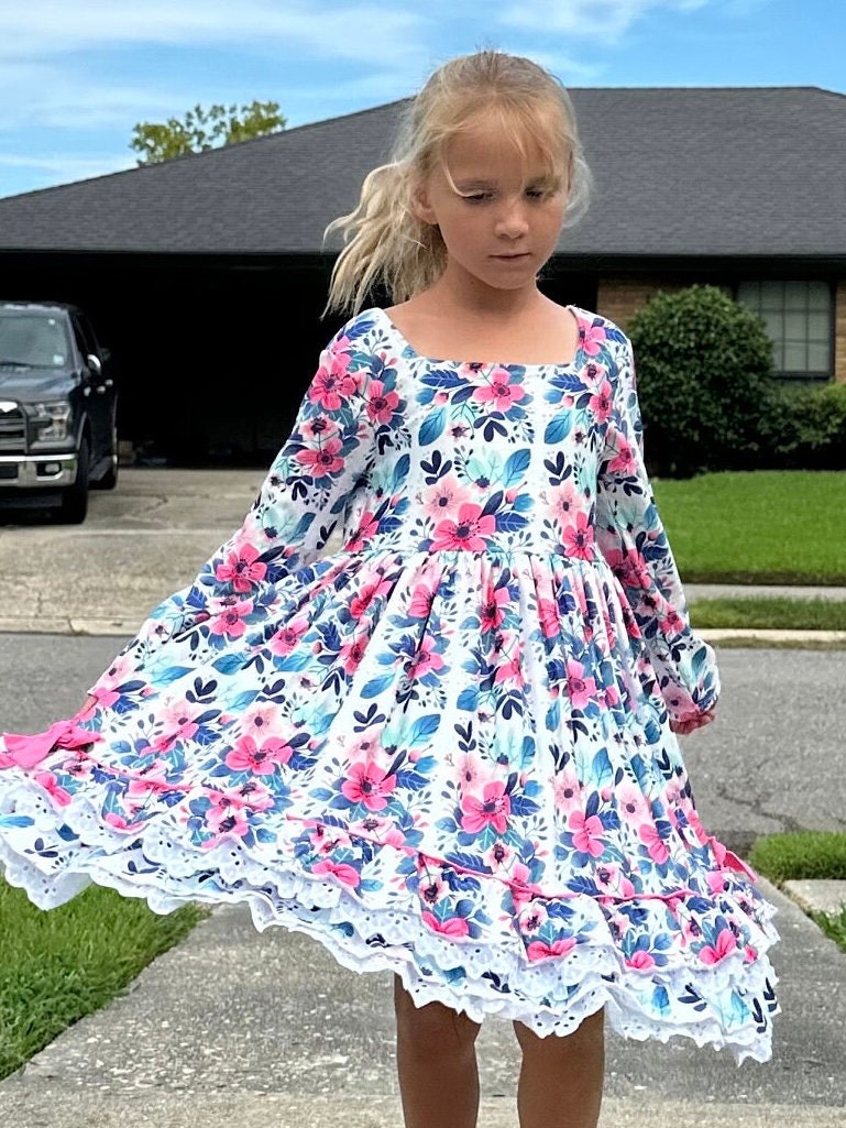 Teal Floral Lace and Ruffle Dress