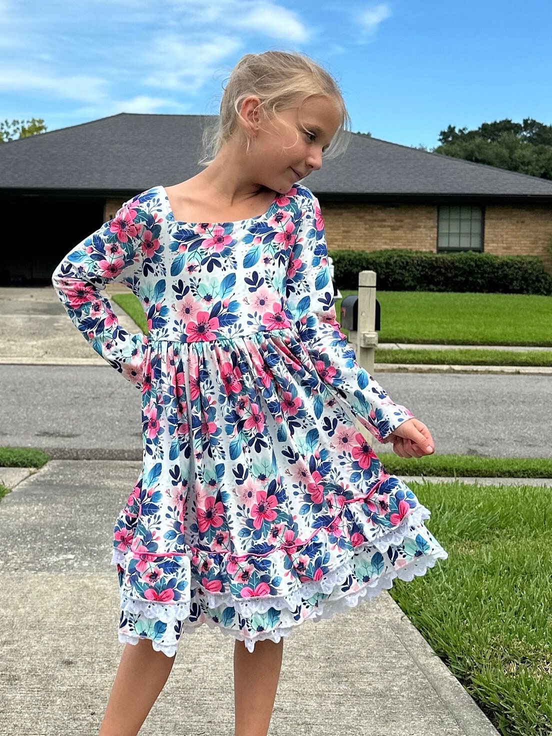 Teal Floral Lace and Ruffle Dress