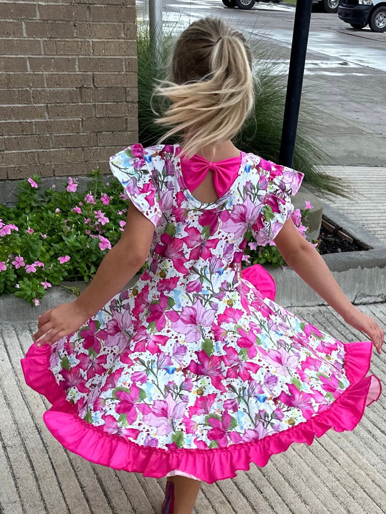 pink floral bow back twirl dress