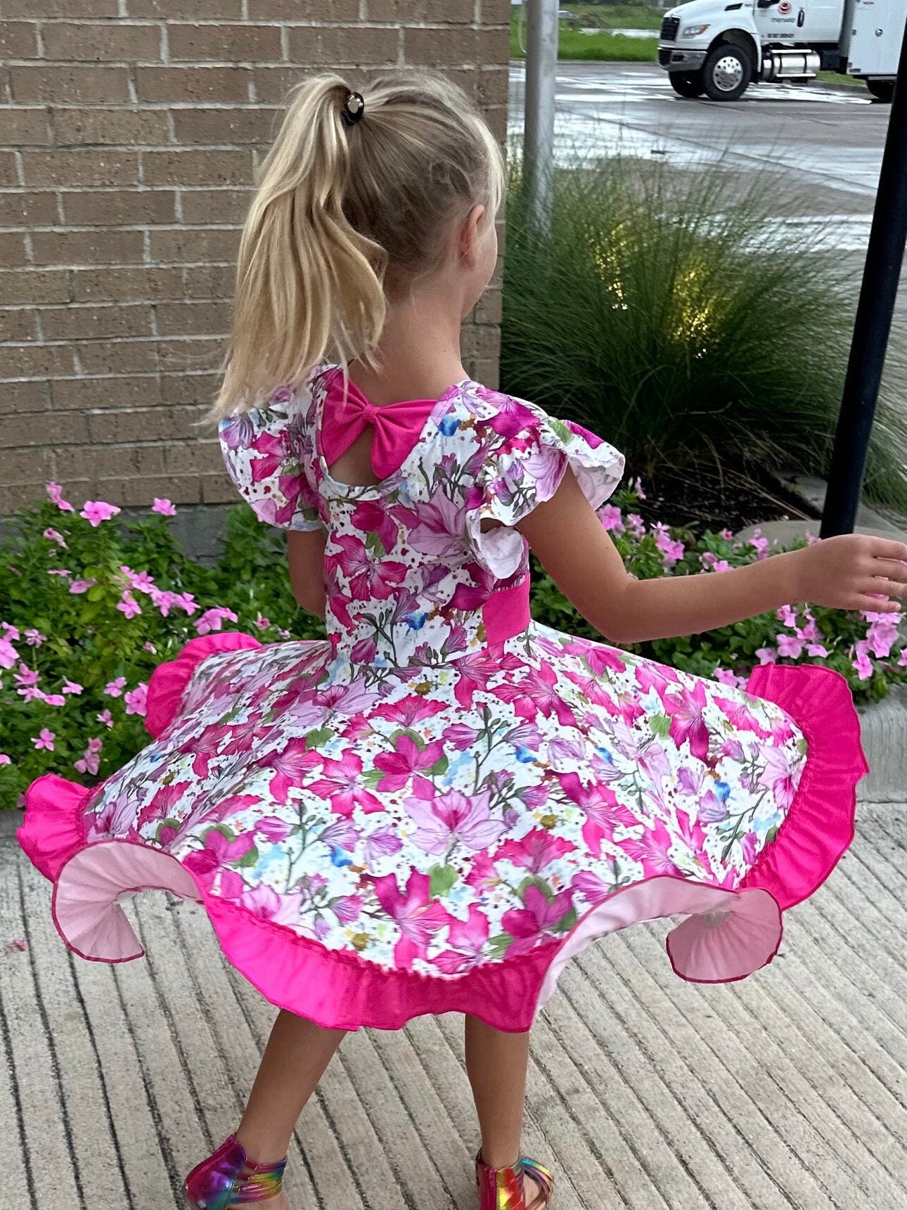 pink floral bow back twirl dress