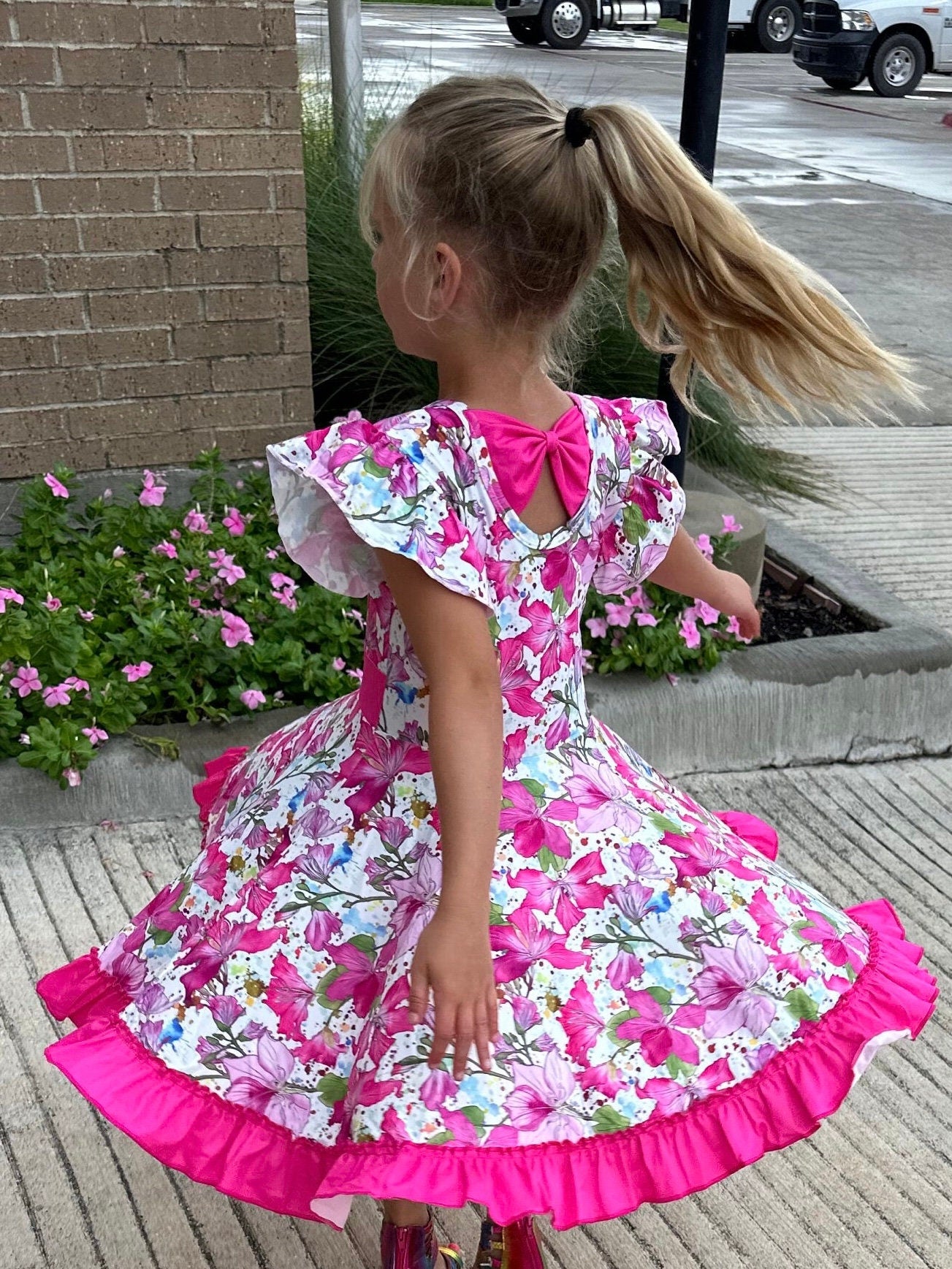 pink floral bow back twirl dress