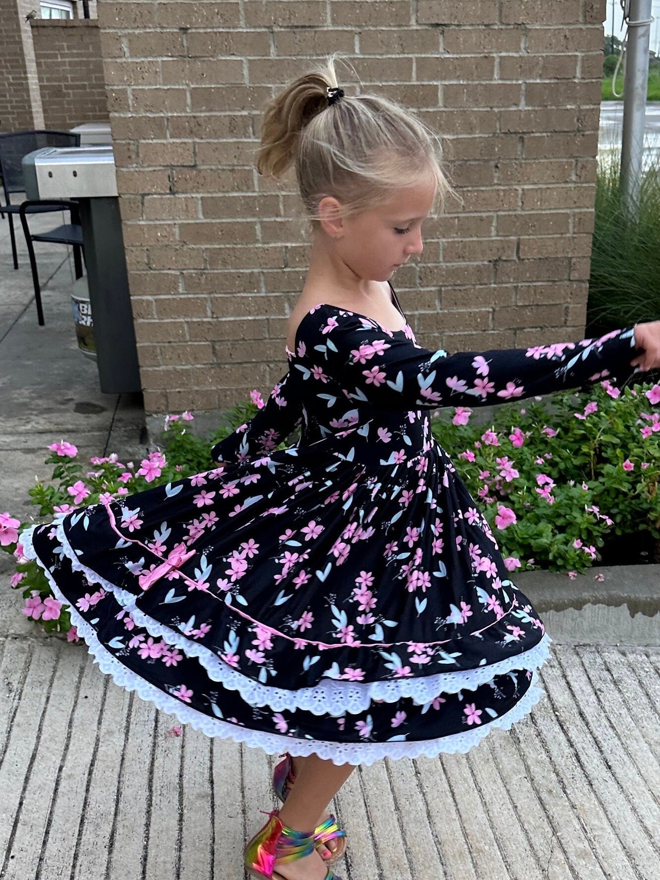 Pink Floral Lace and Ruffle Dress