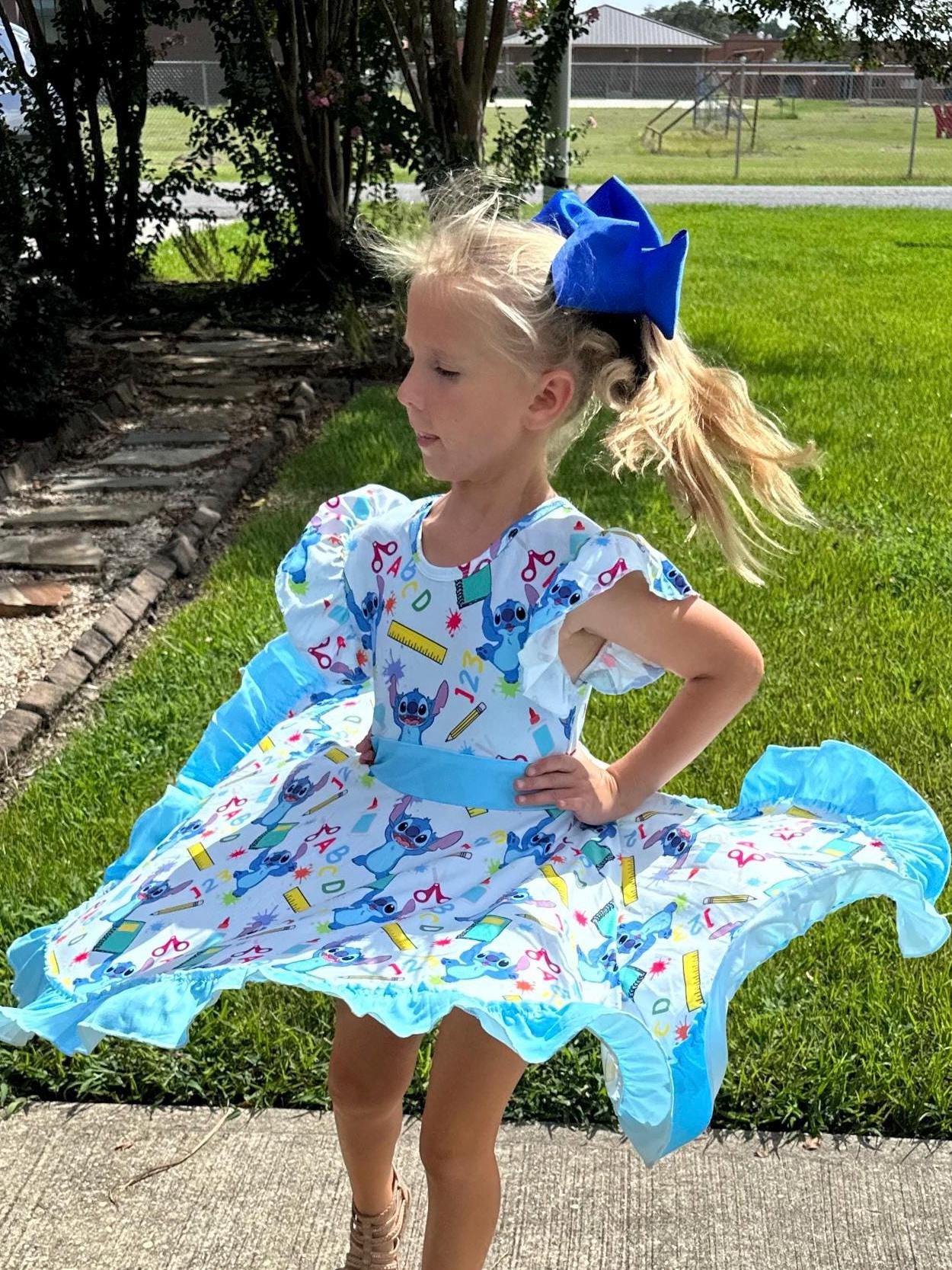 Blue Alien School Days Bow Back Twirl Dress