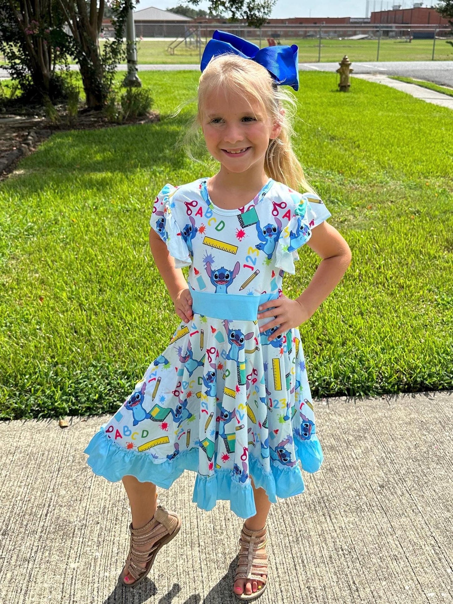 Blue Alien School Days Bow Back Twirl Dress