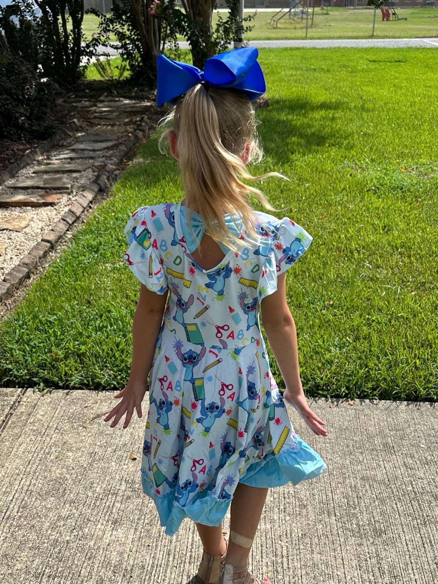 Blue Alien School Days Bow Back Twirl Dress