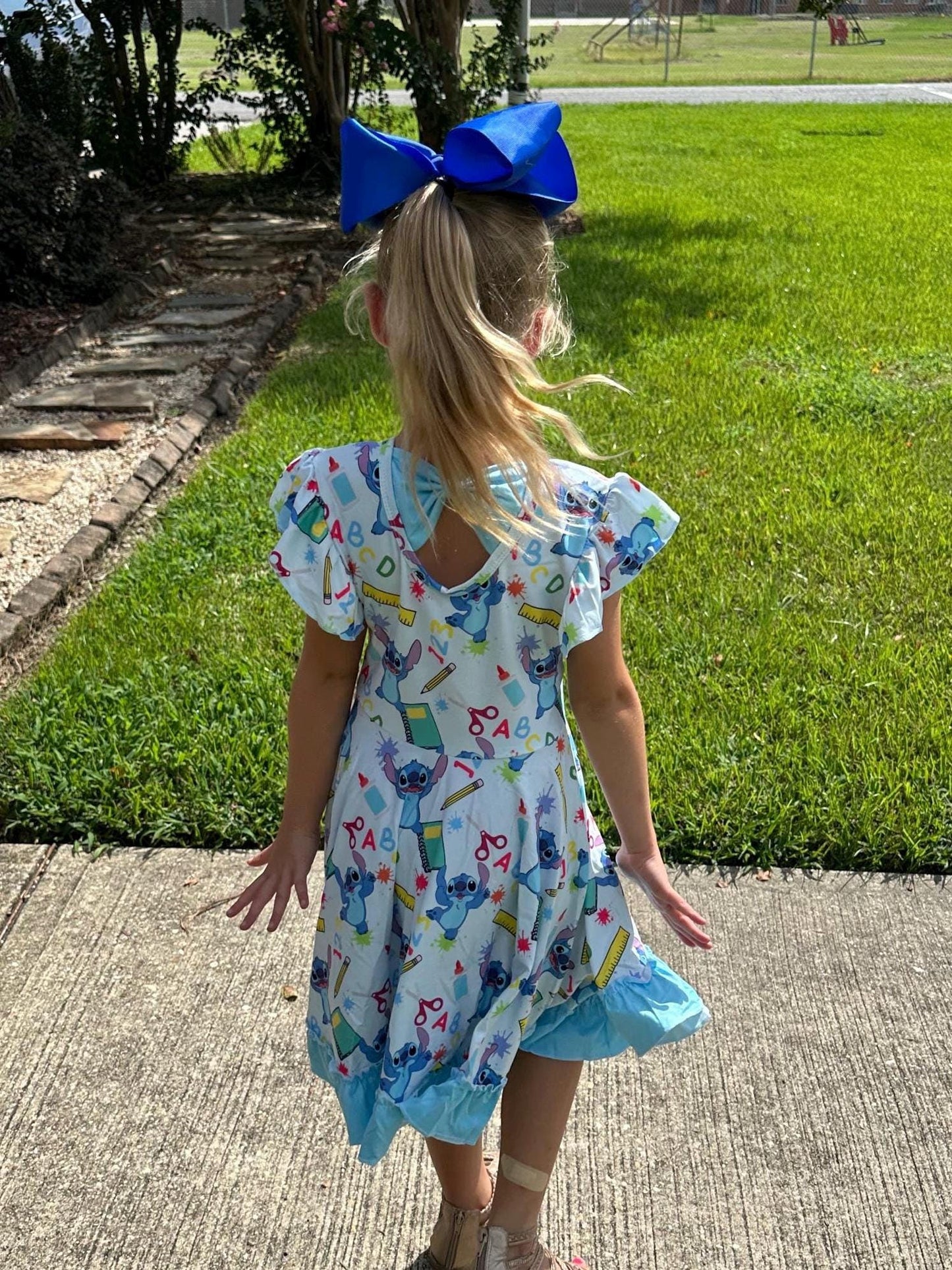 Blue Alien School Days Bow Back Twirl Dress