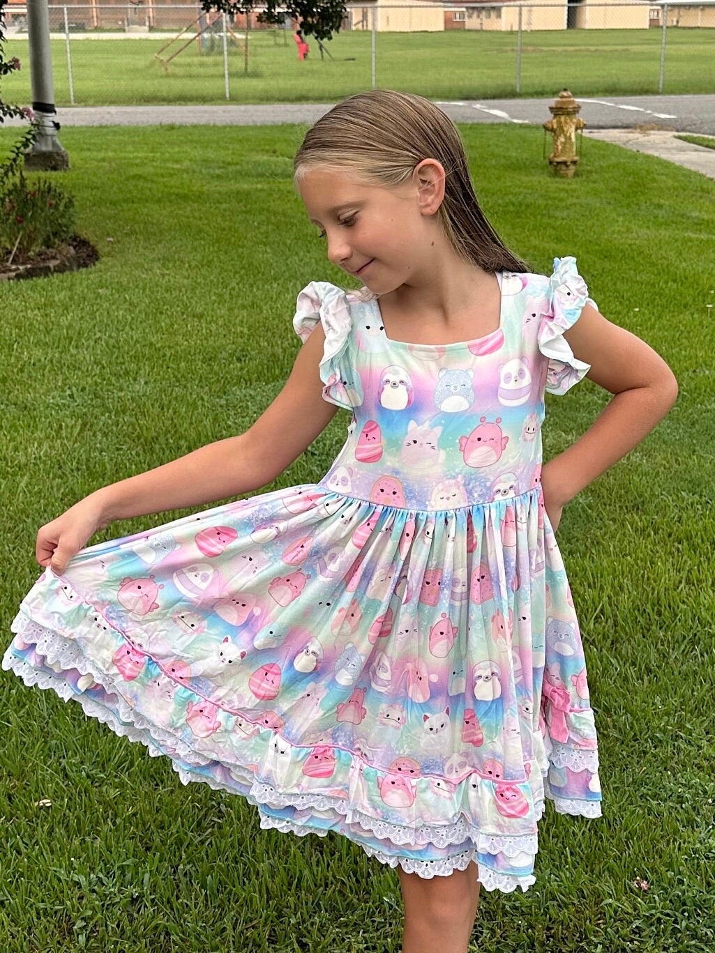 Pastel Squishmallow Lace and Ruffle Twirl Dress