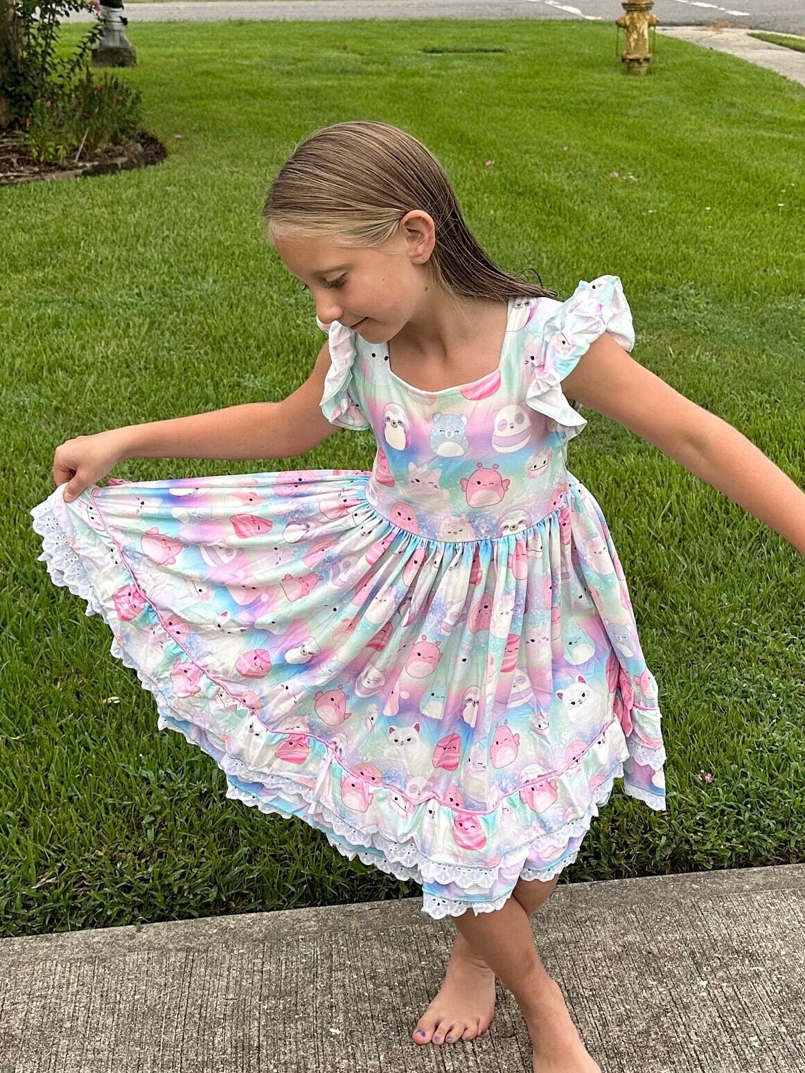 Pastel Squishmallow Lace and Ruffle Twirl Dress
