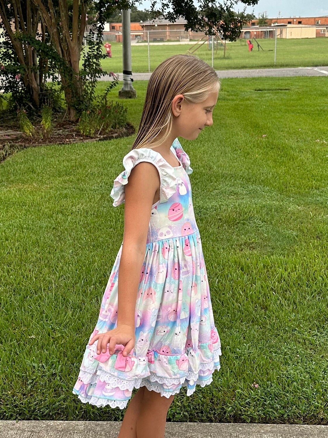 Pastel Squishmallow Lace and Ruffle Twirl Dress