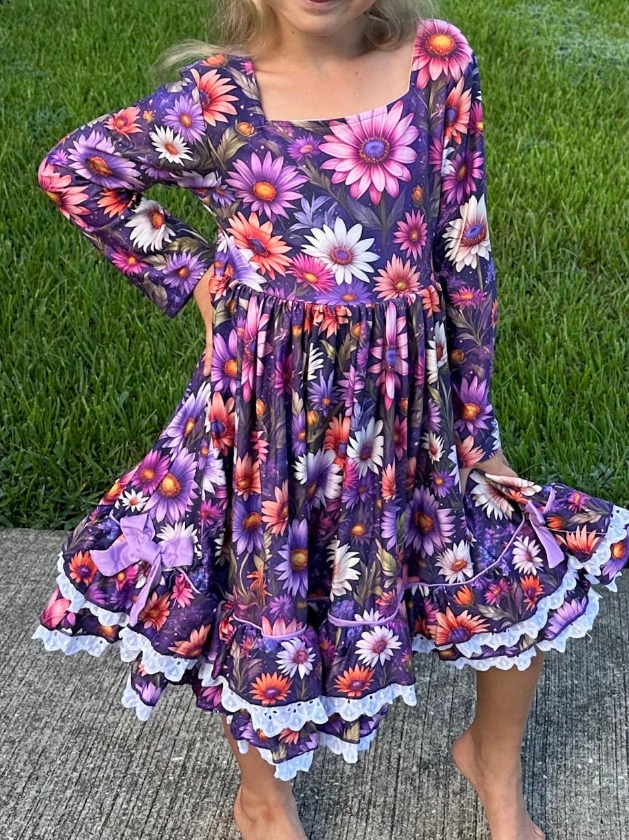 Purple Floral Lace and Ruffle Dress