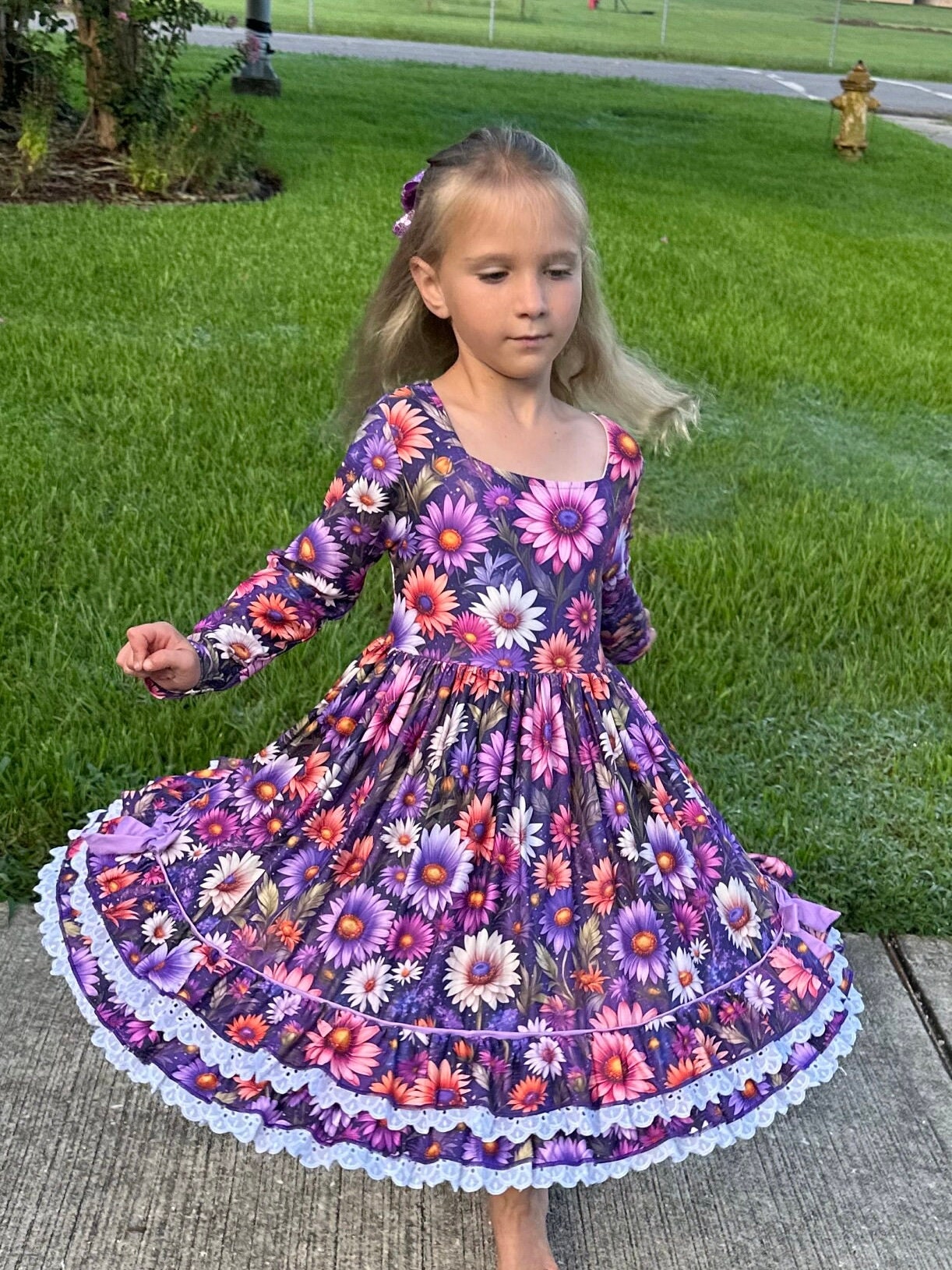 Purple Floral Lace and Ruffle Dress