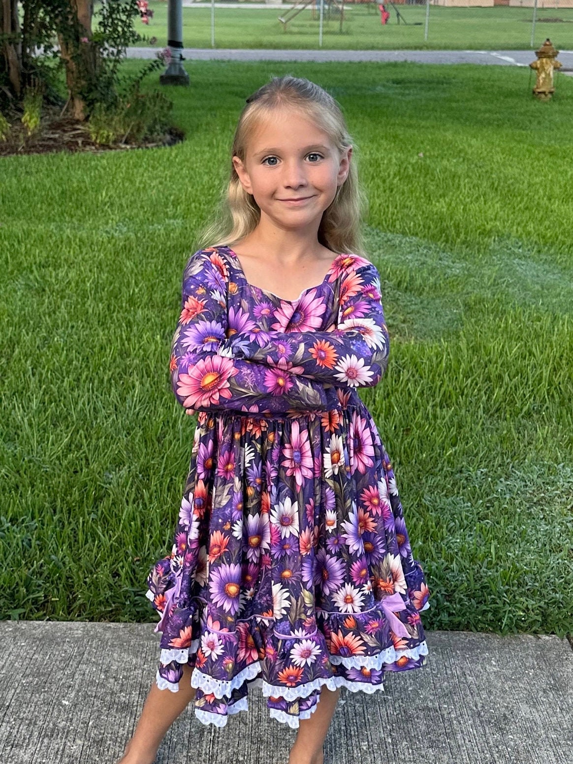 Purple Floral Lace and Ruffle Dress