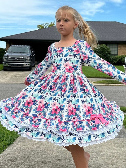 Teal Floral Lace and Ruffle Dress