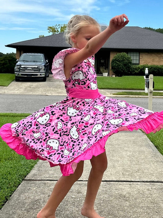 Kawaii Cat Leopard Bow Back Twirl Dress