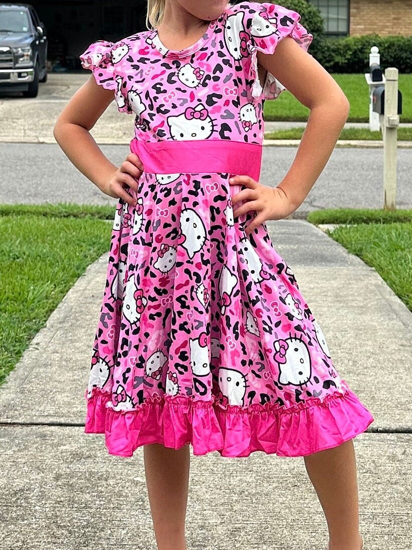 Kawaii Cat Leopard Bow Back Twirl Dress