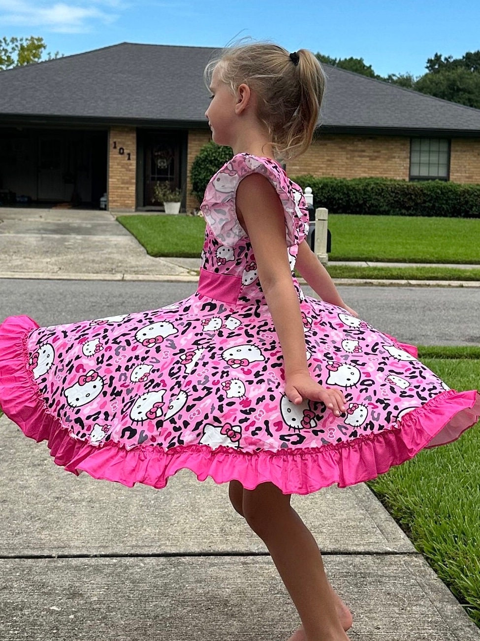 Kawaii Cat Leopard Bow Back Twirl Dress