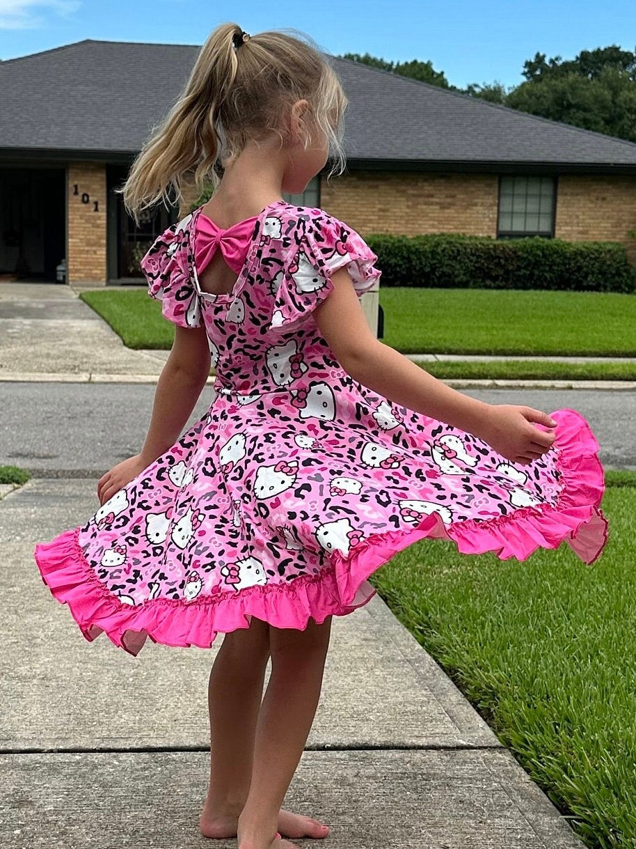 Kawaii Cat Leopard Bow Back Twirl Dress