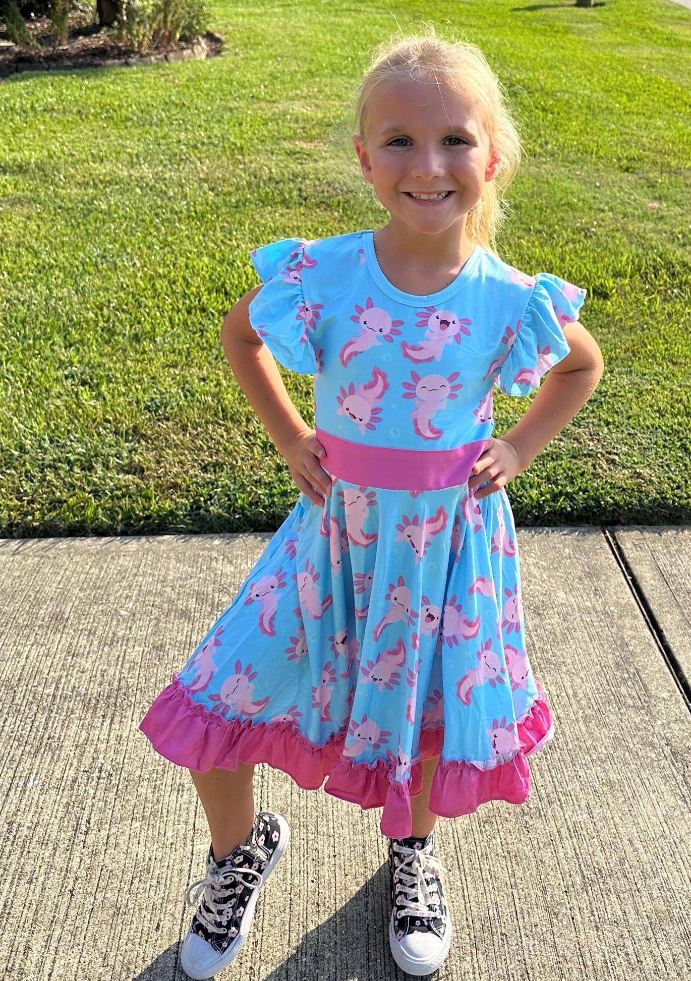 Leucistic (Pink) Axolotl bow back twirl dress