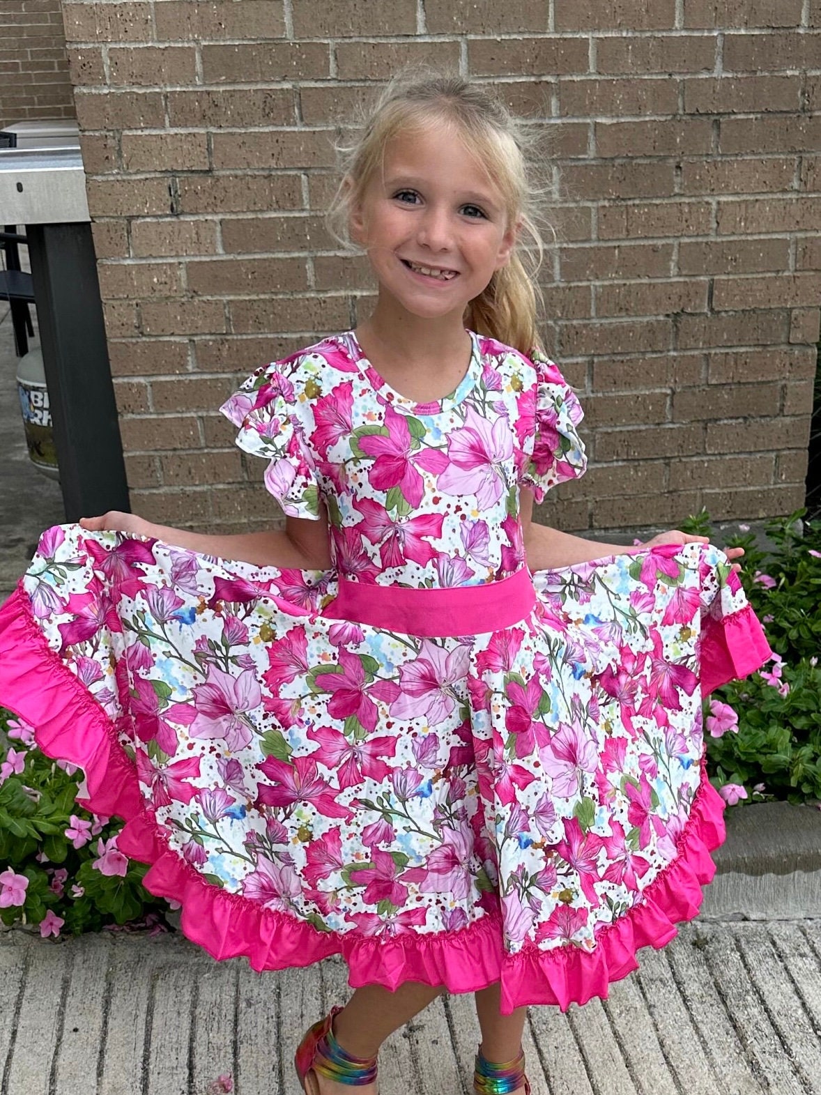 pink floral bow back twirl dress