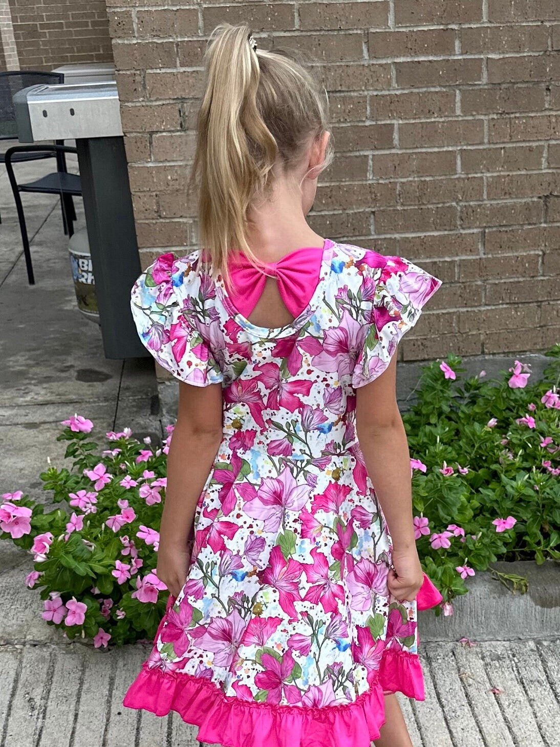 pink floral bow back twirl dress